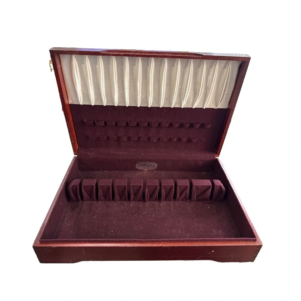VTG Nobility Plate Wooden Silverware Chest Purple Felt Lined Box 16.5x11